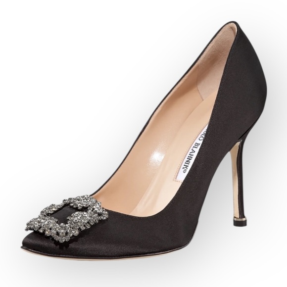 Manolo Blahnik Hangisi 105 Crystal Embellished Satin Pumps in Black SZ 40.5 - Picture 1 of 15